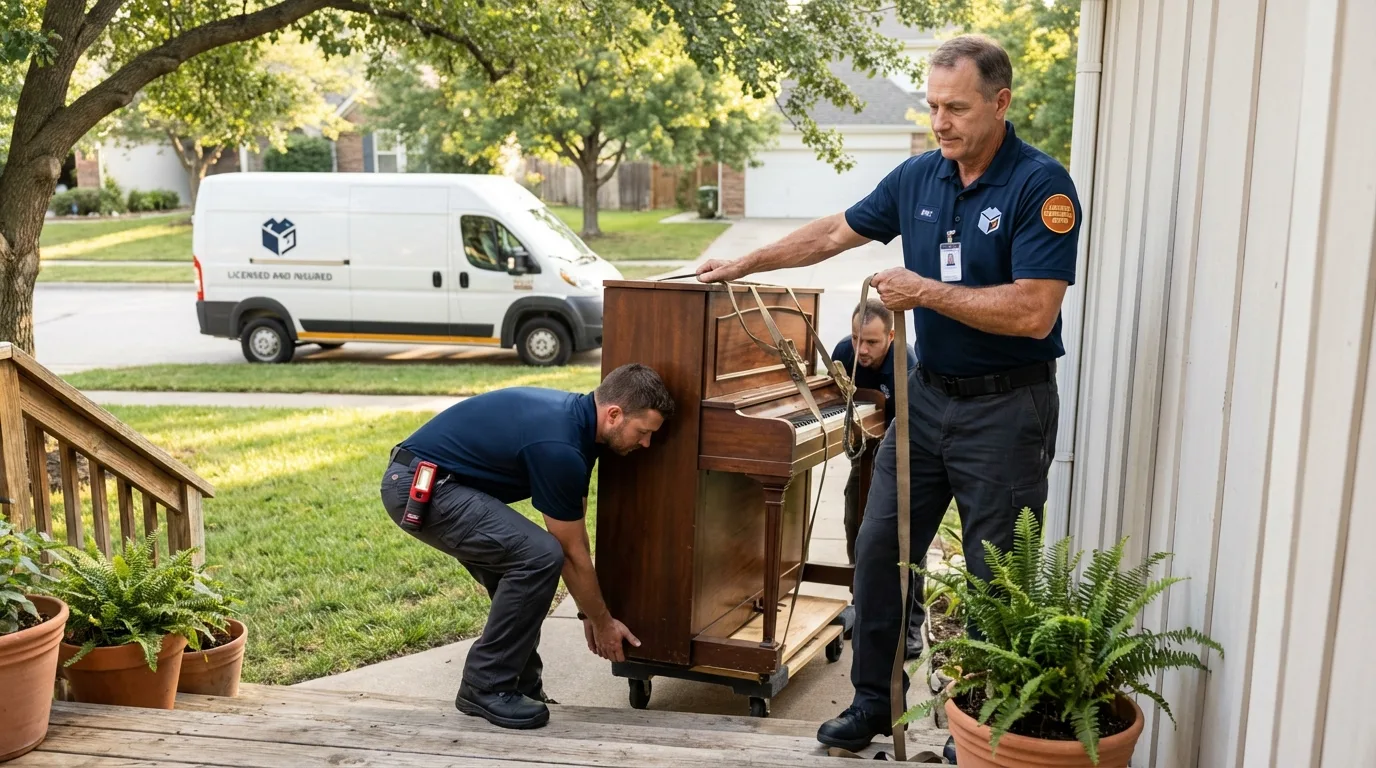 Licensed piano movers securing grand piano in Eau Claire, WI