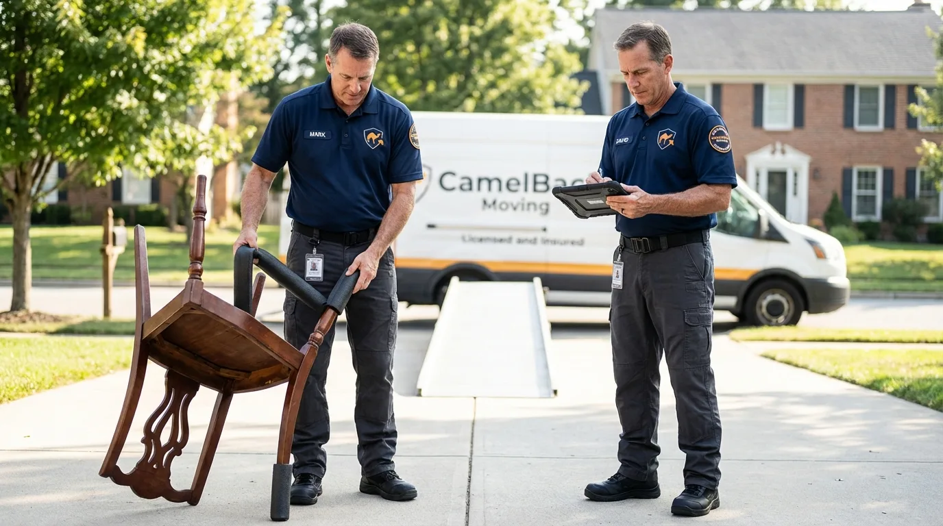 Movers inspecting furniture for damage prevention before loading in Eau Claire, WI