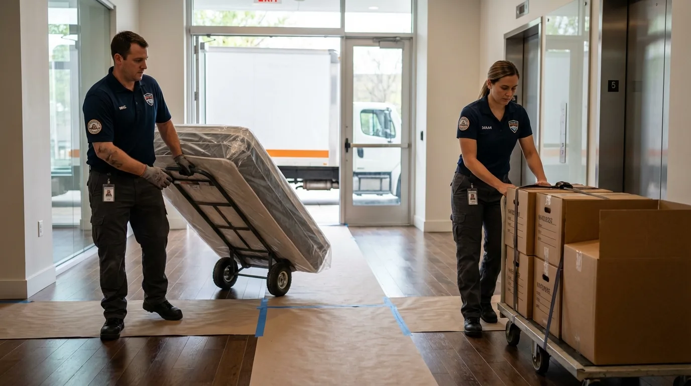 Professional apartment movers loading elevator in Eau Claire, WI